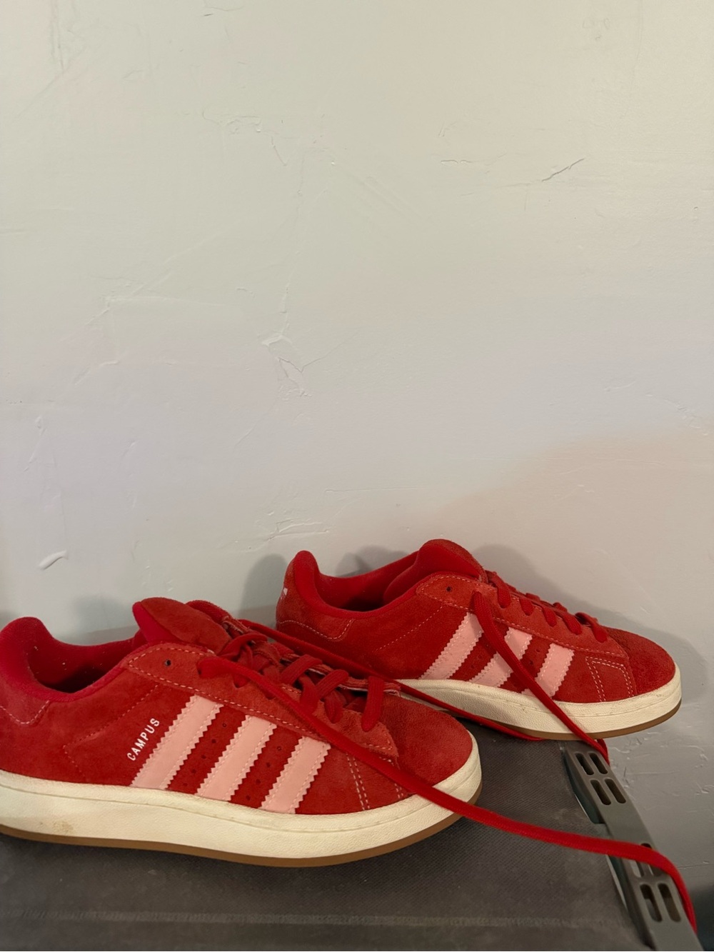 adidas Red Suede Sneakers with Pink Stripes